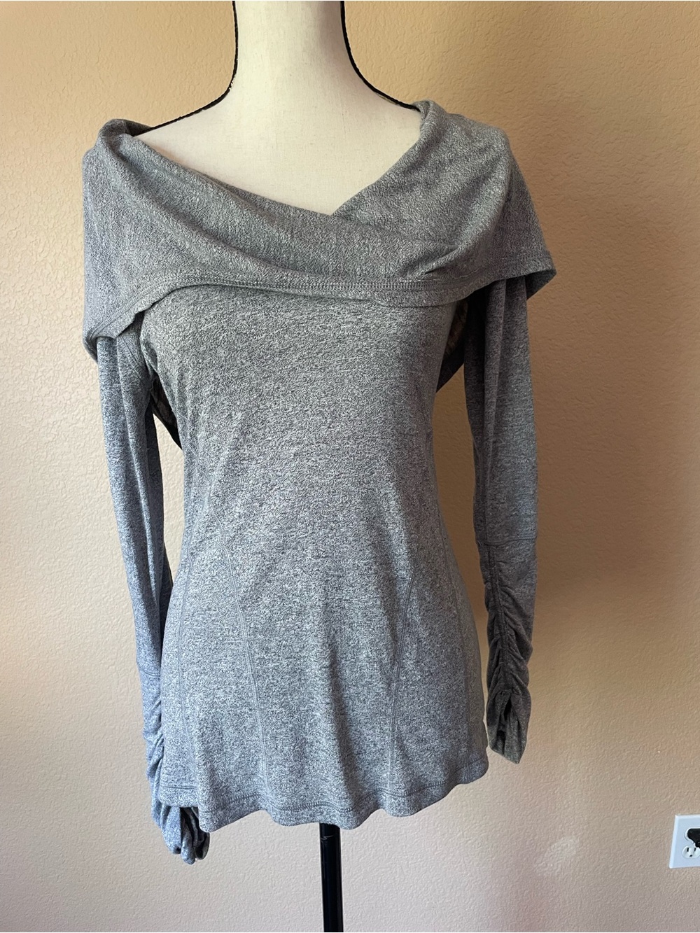 Zella "All Shirred Up" off-the-shoulder ruched draped hoodie top thumb holes S